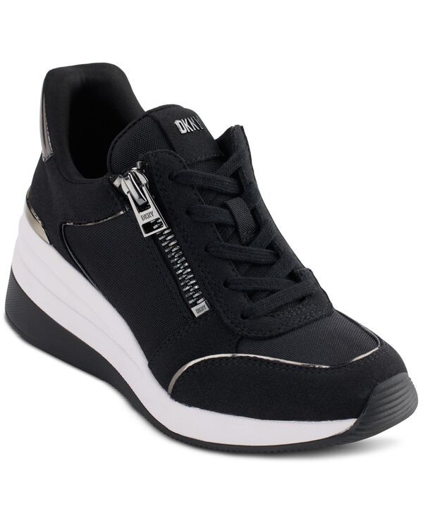 ダナ キャラン ニューヨーク レディース シューズ スニーカー レース DKNY Kaden LaceUp Zip Wedge Sneakers Black Dark Gunmetal ブラック