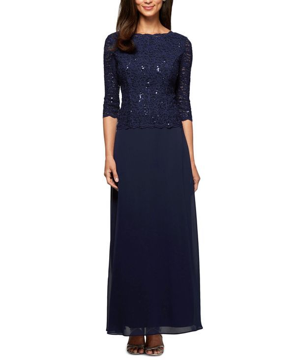 アレックスイブニングス レディース トップス ワンピース プチ スパンコール レース Alex Evenings Petite Sequin Lace Gown Navy ネイビー