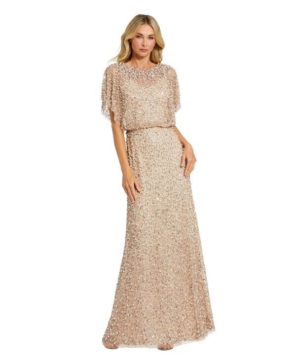 マックダガル レディース トップス ワンピース A ライン Mac Duggal Womens Short Sleeve Beaded Blouson Aline Gown Nude gold ゴール