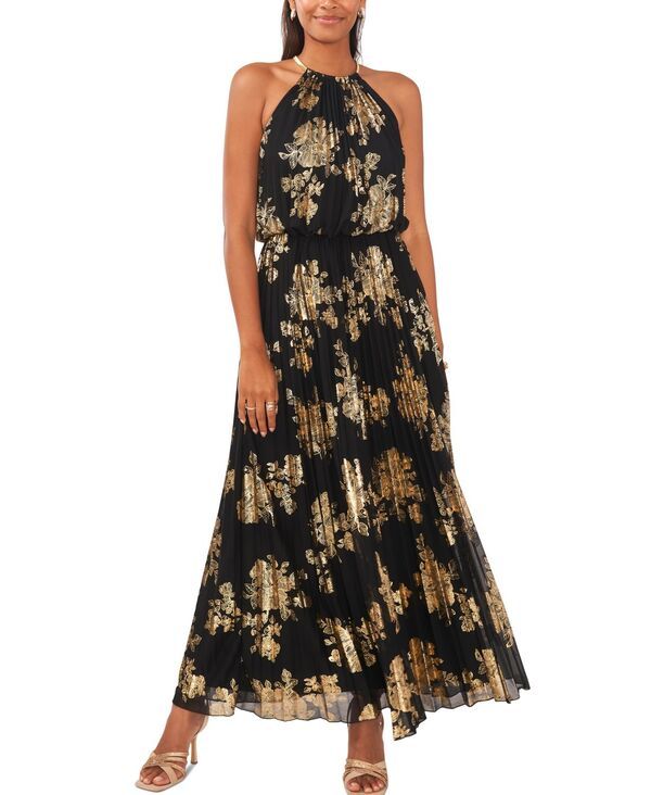 ミスク レディース トップス ワンピース プリーツ プリント トール MSK MetallicPrint Pleated Blouson Gown 2P20 BlackGold ブラック