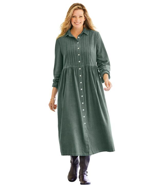 ウーマン ウィズイン レディース トップス ワンピース コーデュロイ プラスサイズ Woman Within Plus Size Button Front Corduroy Dress Pine