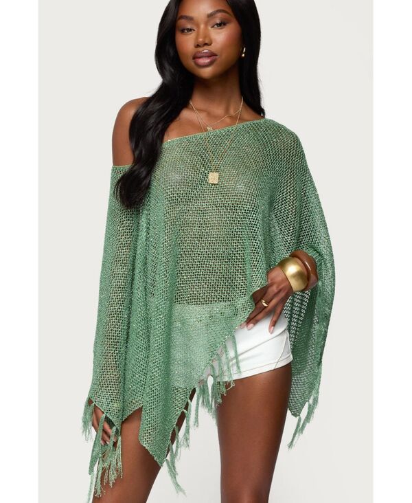 アディクテッド レディース アウター ニット・セーター スパンコール ニット フリンジ Edikted Womens Sequin Fringe Knit Poncho Green グリーン