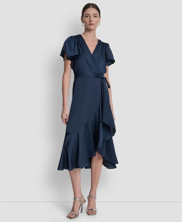 ダナ キャラン ニューヨーク レディース トップス ワンピース ミディワンピース ミディ DKNY Womens Short Sleeve Faux Wrap Midi Dress Indigo イン