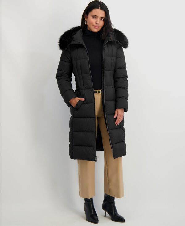 タハリ レディース アウター ジャケット・ブルゾン コート Tahari Womens FauxFurTrim Hooded Belted Puffer Coat Black ブラック