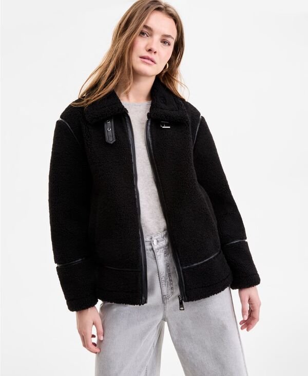 スティーブ マデン レディース アウター ジャケット・ブルゾン コート レザー Steve Madden Womens FauxSherpa FauxLeatherTrim Coat Black ブラ