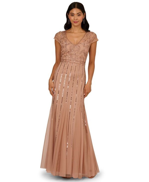アドリアナ パペル レディース トップス ワンピース Vネック Adrianna Papell Womens Embellished VNeck Godet Gown ROSE GOLD ゴールド
