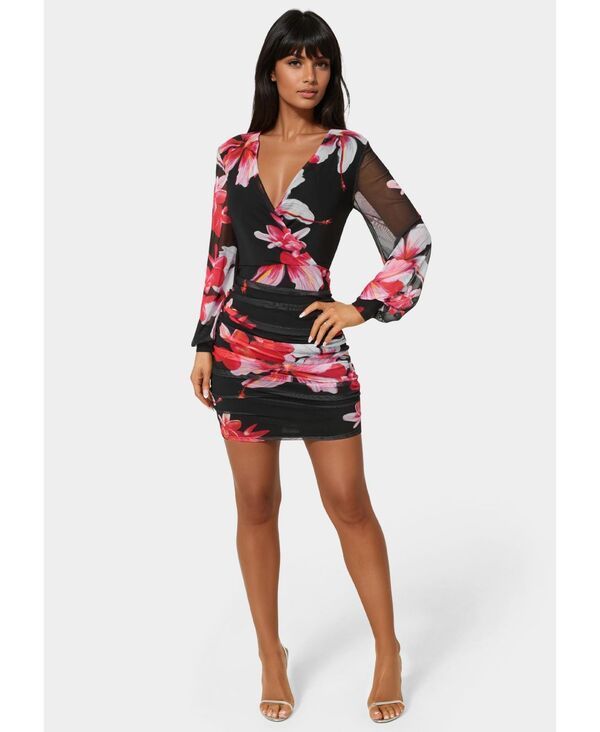 ベベ レディース トップス ワンピース ギャザー ミニ Bebe Womens Long Sleeve Faux Wrap Ruched Mini Dress Hibiscus tossed