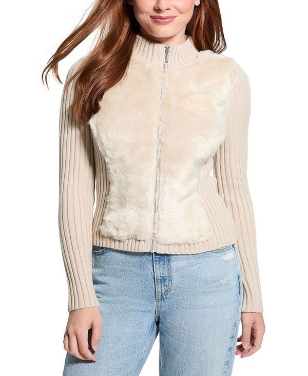 ゲス レディース アウター ニット・セーター カーディガン GUESS Womens Mila Mixed Media FauxFur ZipFront Cardigan Pearl Oyster M