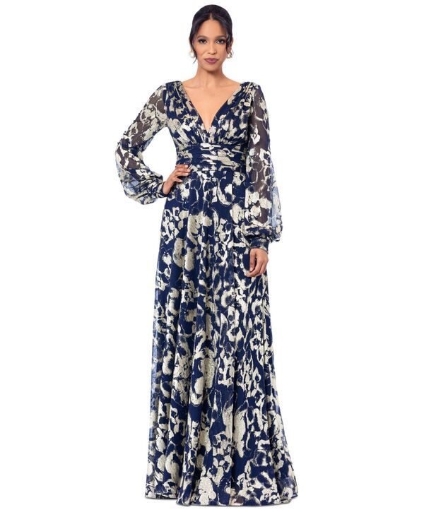ベッツィアンドアダム レディース トップス ワンピース プチ プリント トール Betsy Adam Petite Metallic Print BlousonSleeve Gown NavyGold