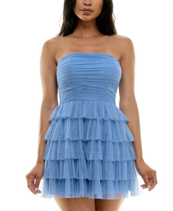 ビーダーリン レディース トップス ワンピース ティアード ミニワンピース ミニ ストラップレス B Darlin Juniors Strapless SideShirred Tiered Glitt