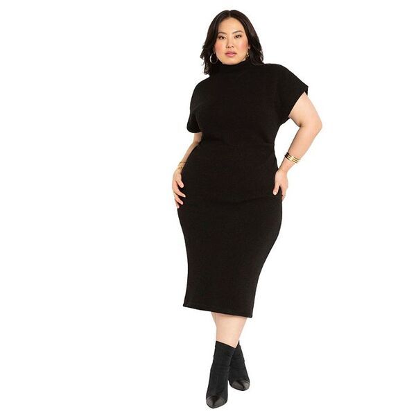 エロクイ レディース トップス ワンピース セーター ELOQUII Womens Short Sleeve Sweater Dress Black onyx ブラック
