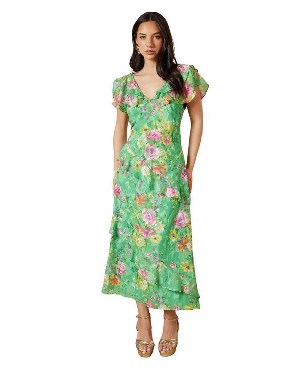 オアシス レディース トップス ワンピース フリル ミディ Oasis Womens Ruffle Sleeve Jacquard Midi Dress Green グリーン