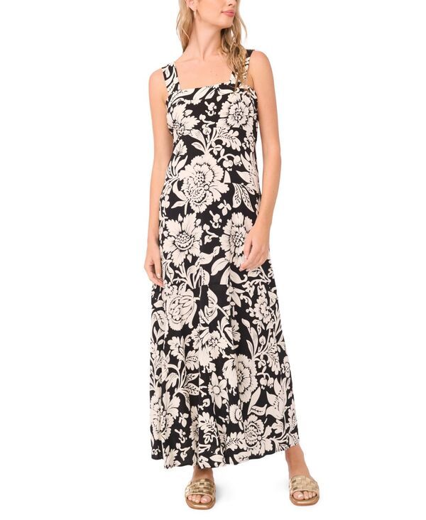 【送料無料】 ヴィンスカムート レディース ワンピース トップス Womens Floral SquareNeck SmockedBack Sleeveless Maxi Dress Rich Bla
