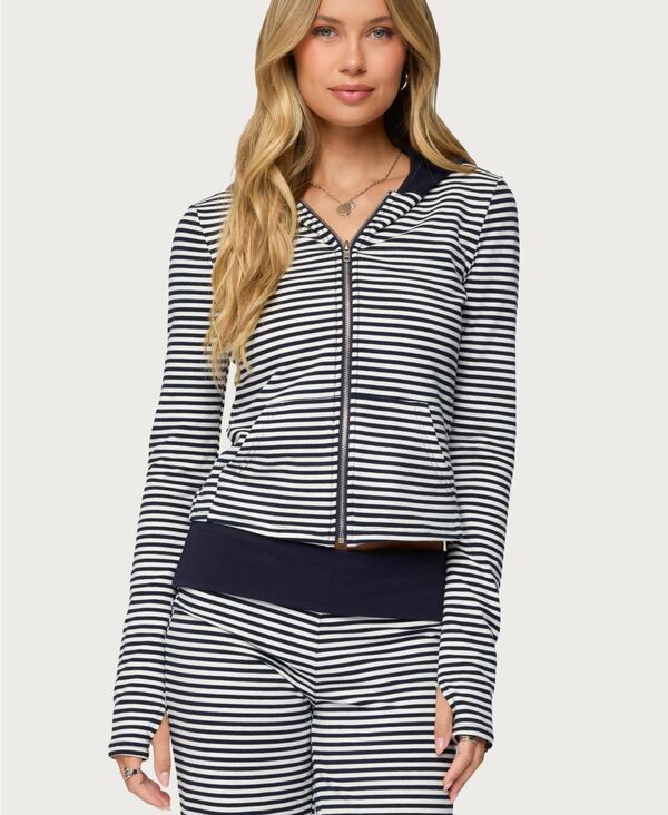 【送料無料】 アディクテッド レディース パーカー・スウェット アウター Womens Meggy Striped Zip Up Hoodie Navyandwhite