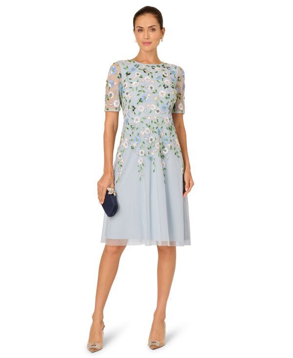 【送料無料】 アドリアナ パペル レディース ワンピース トップス Womens Embellished Mesh Midi Dress Elegant sky multi