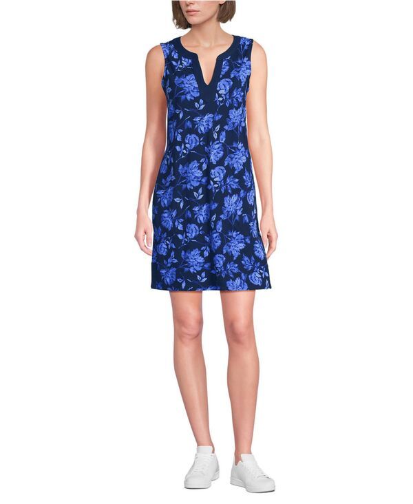 【送料無料】 ランズエンド レディース ワンピース トップス Womens Cotton Jersey Notch Neck Dress Navy graphic floral 9,110円