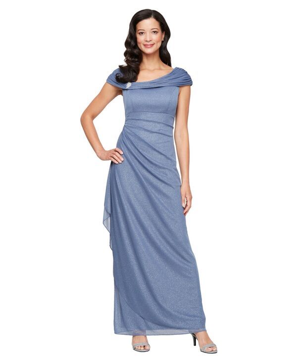 【送料無料】 アレックスイブニングス レディース ワンピース トップス Petite LNeck GlitterMesh Long Dress Dusty Blue