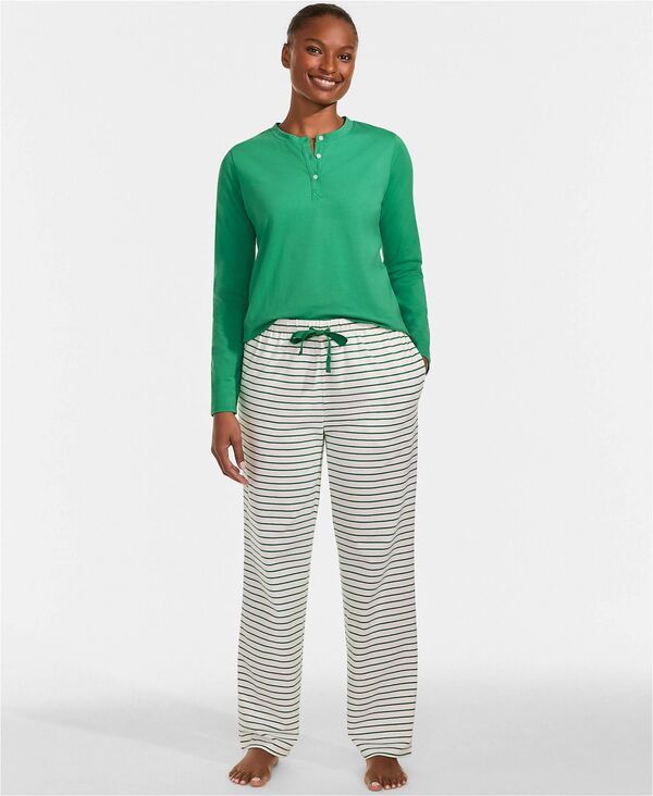 【送料無料】 ランズエンド レディース ナイトウェア アンダーウェア Womens Knit 2 Piece Pajama Set Long Sleeve Top and Pants Ivoryclo