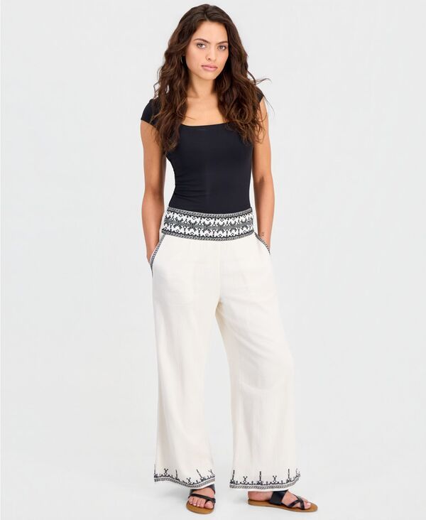 【送料無料】 アンドノウディス レディース カジュアルパンツ ボトムス Petite EmbroideredTrim WideLeg Pants Off White