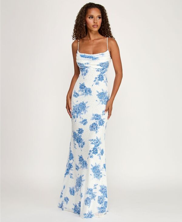 【送料無料】 ビーダーリン レディース ワンピース トップス Juniors Drape Neck Floral Beaded Mesh Gown White royalblue