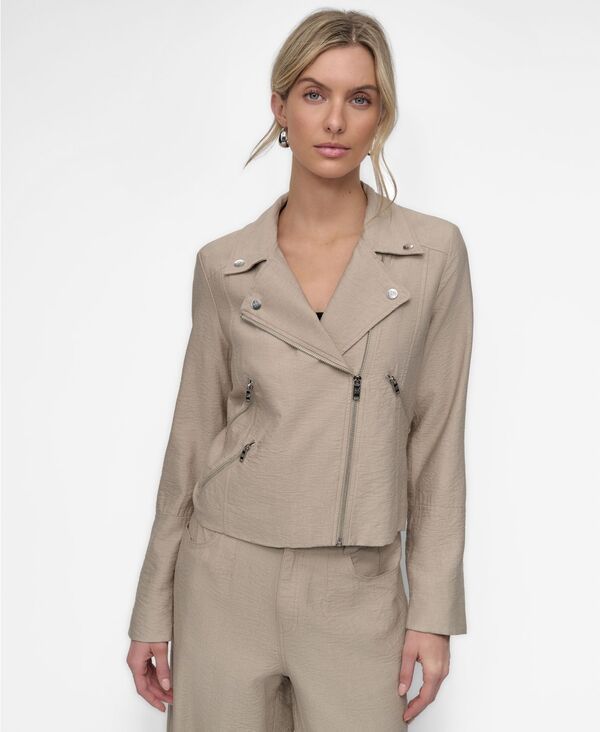 【送料無料】 ダナ キャラン ニューヨーク レディース ワンピース トップス Womens Zipper Detailed Crinkle Jacket Pebble