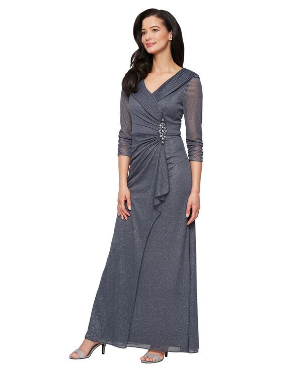【送料無料】 アレックスイブニングス レディース ワンピース トップス Womens Glitter Mesh Long VNeck Gown Smoke