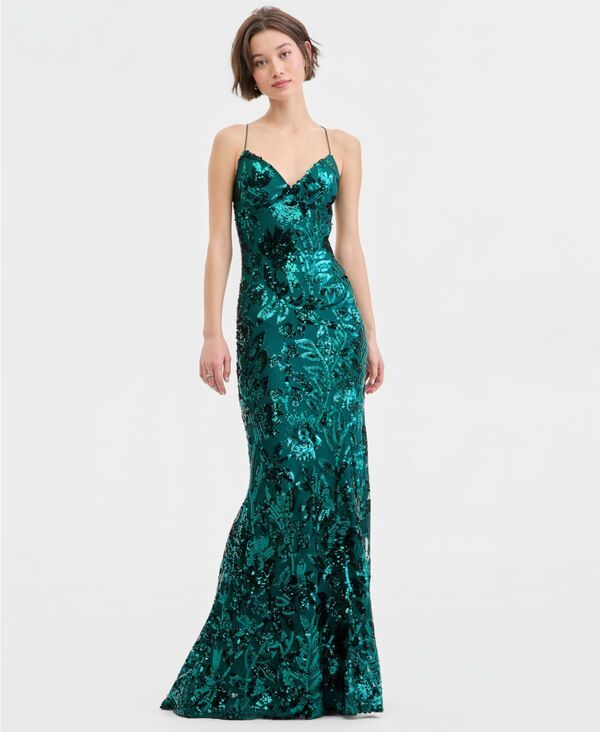 【送料無料】 ビーダーリン レディース ワンピース トップス Juniors Spaghetti Strap Sweetheart Gown with Floral Sequin Pattern EM
