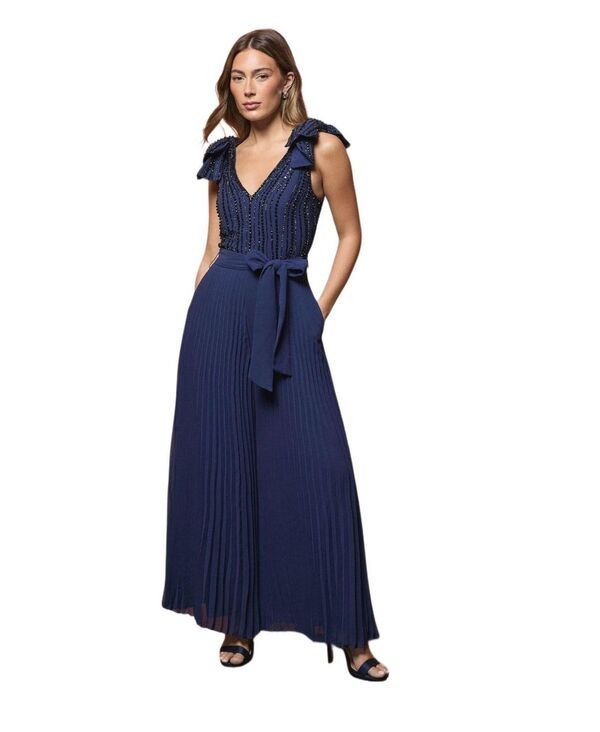 【送料無料】 コースト レディース カジュアルパンツ ボトムス Womens Embellished Bow Shoulder Jumpsuit Navy