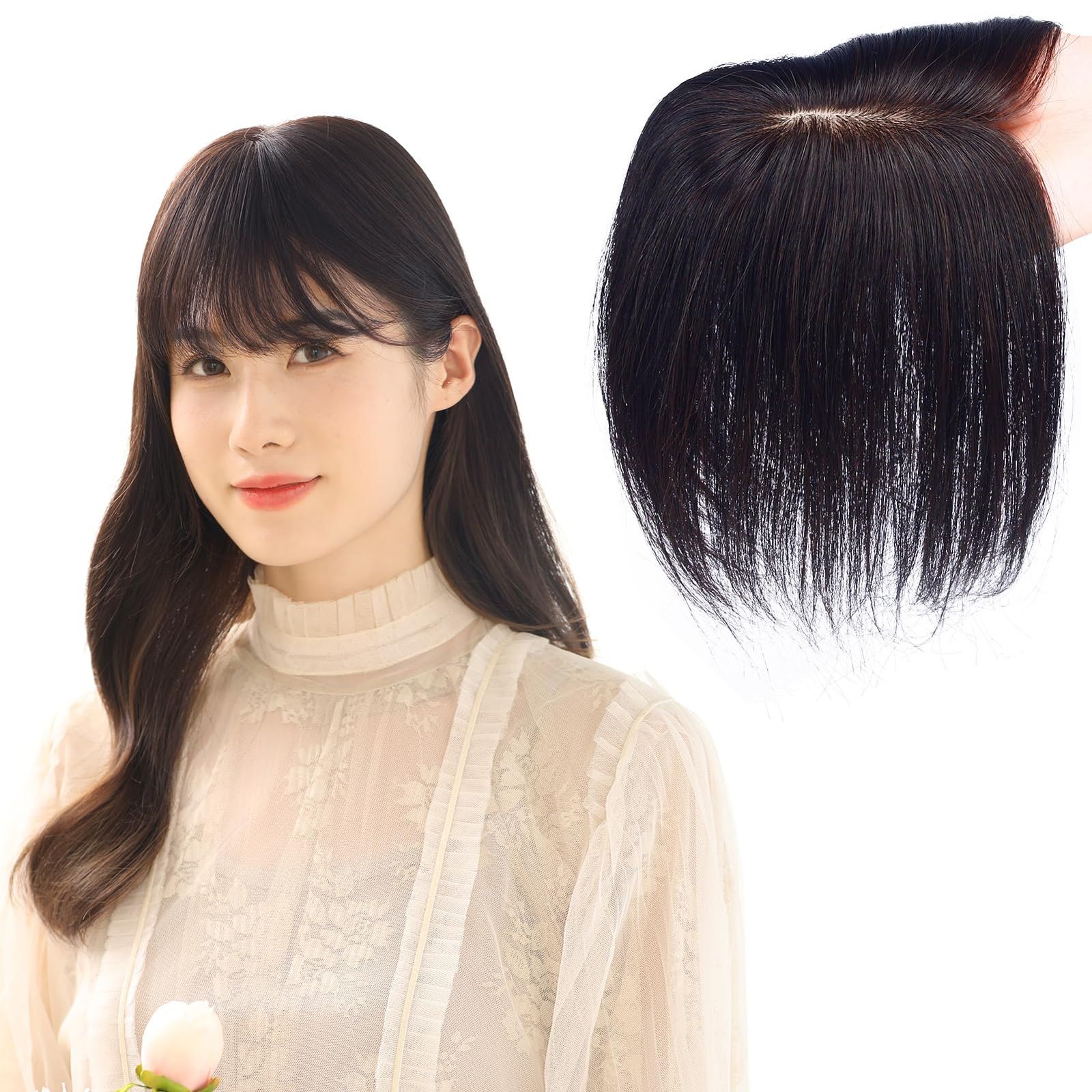 新品 HIYE 部分ウィッグ 人毛100% 人工皮膚 総手植え 分け目自由 医療用 レディース 通気 超自然 ストレート ヘアピース 頭頂部カバー 増毛 薄毛 脱毛隠し ネットサイズ横7cm縦10cm ぱっつんバング (20cm 自然色)