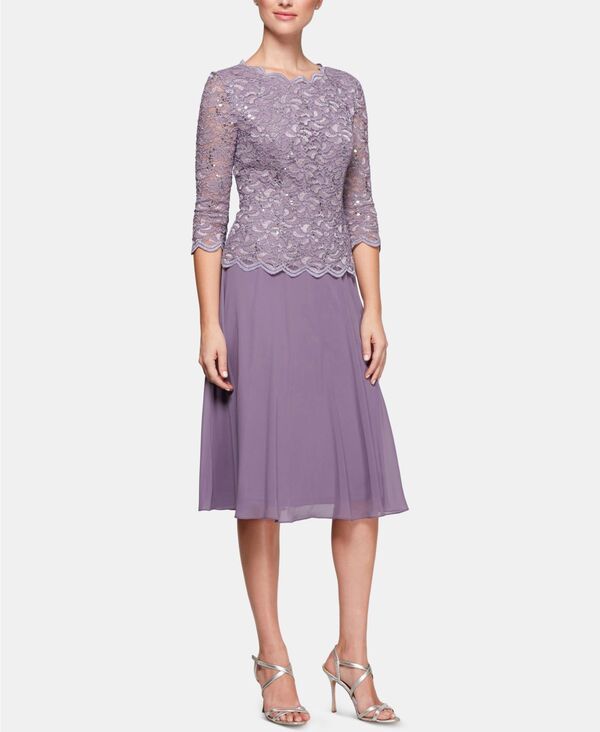 アレックスイブニングス レディース トップス ワンピース ミディ スパンコール コントラスト レース Alex Eveningsequined Lace Contrast Midi Dress Icy