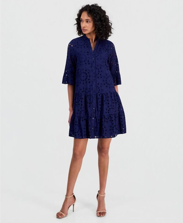 アンクライン レディース トップス ワンピース シャツ コットン 刺繍 Anne Klein Womens Eyelet Embroidered Cotton FlareSleeve Shirtdre
