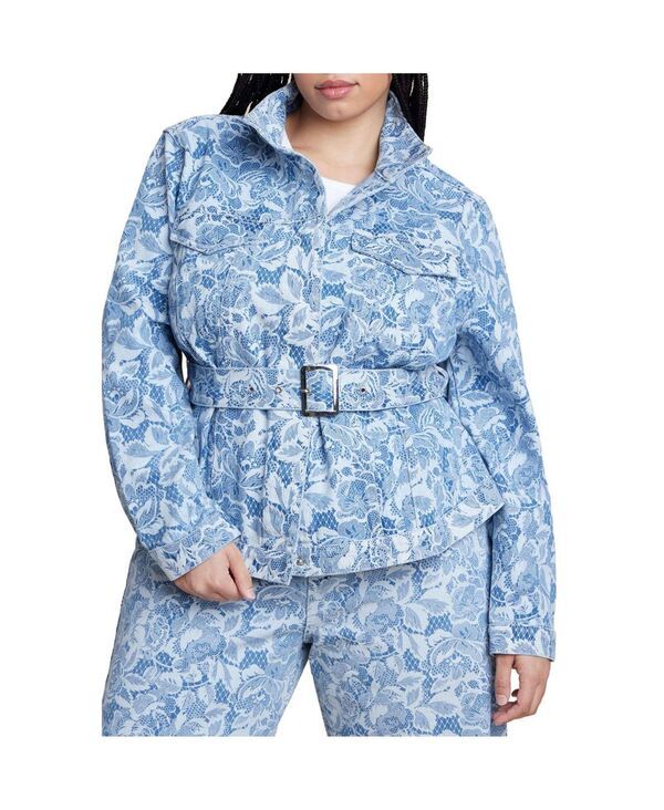 エロクイ レディース アウター ジャケット・ブルゾン プラスサイズ プリント デニム レース ELOQUII Womens Plusize Lace Printedenim Belted Jacket