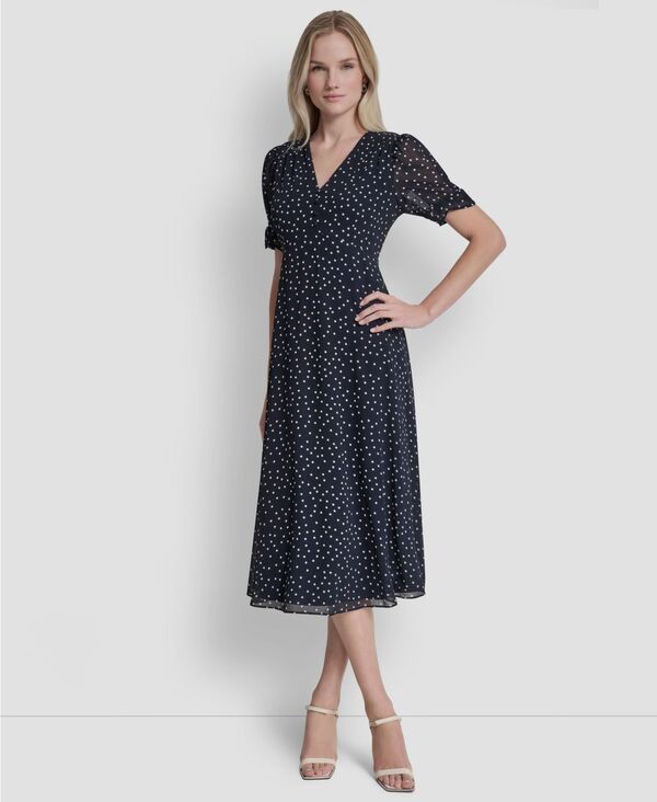 ダナ キャラン ニューヨーク レディース トップス ワンピース Vネック ミディ 半袖 DKNY WomenshortSleeve VNeck Midi Dress MidnightCream クリー