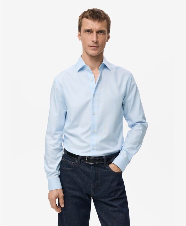 マンゴ メンズ トップス シャツ コットン MANGO Mens Cotton SlimFit Striped Shirt Blue ブルー