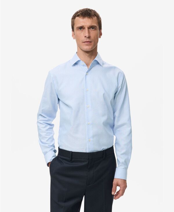 マンゴ メンズ トップス シャツ コットン MANGO Mens Cotton SlimFit Striped Shirt Sky Blue ブルー