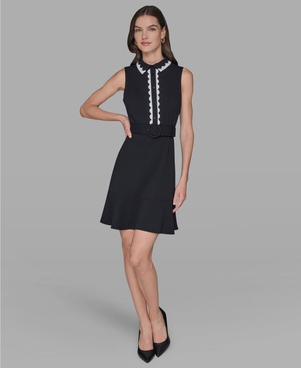 カール ラガーフェルド レディース トップス ワンピース A ライン KARLAGERFELD PARIS Womens Belted Collared ALine Dress BlackSoft W