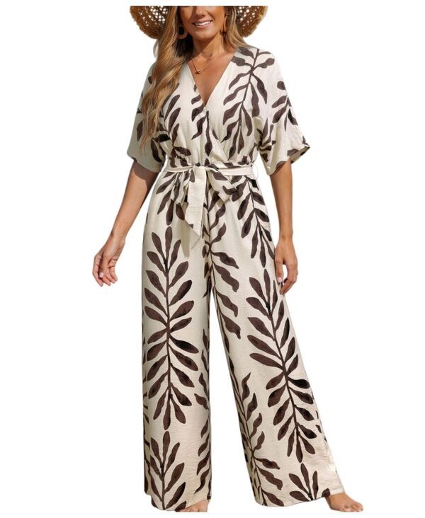 カップシー レディース トップス ジャンプスーツ フラワー柄 プリント フラワー Cupshe Womens Floral Print VNecktie Front Jumpsuit Light be