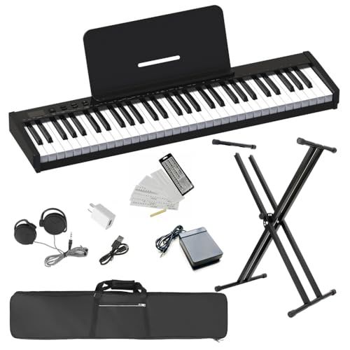 【新品】【ピアノスタンドセット】電子ピアノ 61鍵盤 10?ストローク 超小型 持ち運び便利 初心者 練習にピッタリ バッテリー内蔵 長時間利用可 スタンド付き ペダル付き 収納バッグ付き MIDI対応 譜面台 鍵盤シール イヤホン （黒セッ 0aa99b3b