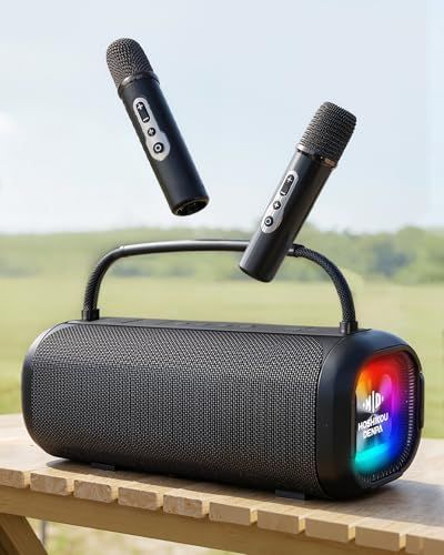 【新品】カラオケスピーカー 80W大出力ポータブルスピーカー 充電式のダブルワイヤレスマイク付き IPX7防水スピーカーデザイン Bluetooth5.3 Type-C充電サポート メガホン内蔵の高低音強化機能 カラオケセット家庭用 会議、祝 f3b2d3a8