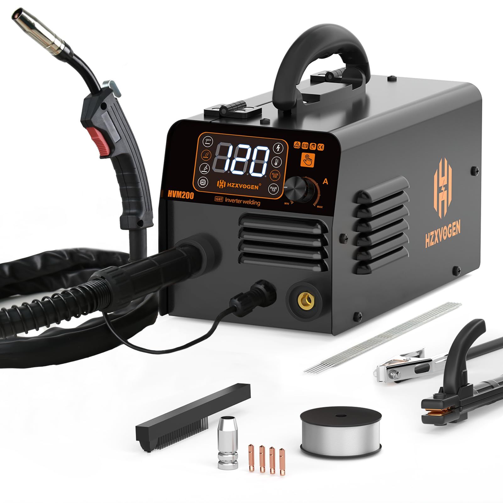 【新品】H HZXVOGEN 半自動溶接機 100V 120A 1台3役 ノンガスMIG?被覆アーク?LIFT TIGに対応 液晶表示 インバーター搭載 小型 軽量 家庭用 初心者向け 簡単な修理 家具・雑貨のDIYに大活躍 HVM200 8dac124b