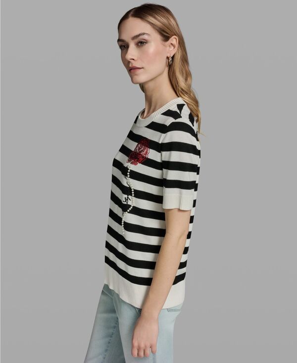 カール ラガーフェルド レディース アウター ニット・セーター クルーネック KARLAGERFELD PARIS Womenstriped Crewneck Sweater WhiteBlack ホ
