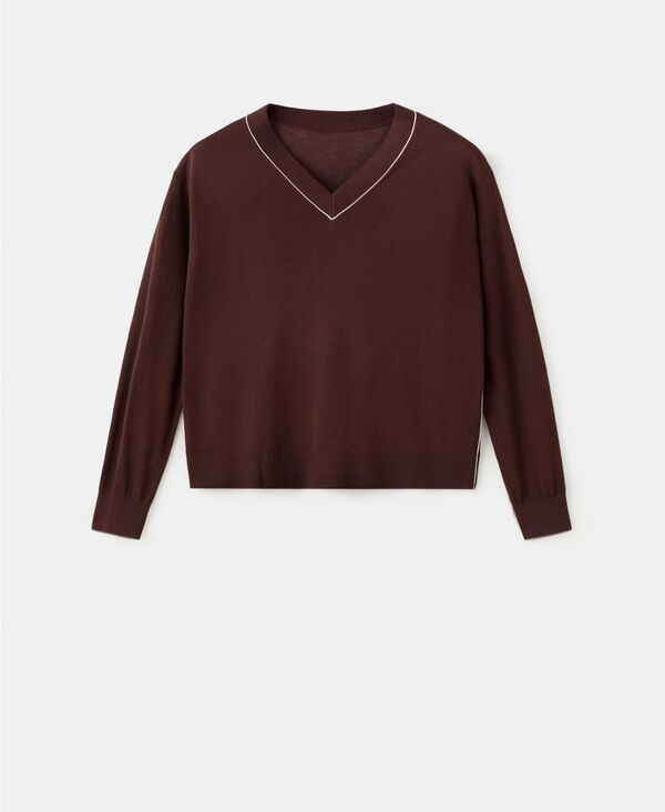 マンゴ レディース アウター ニット・セーター Vネック コントラスト MANGO Womens Contrast Piping VNeck Sweater Dark Brown ブラウン