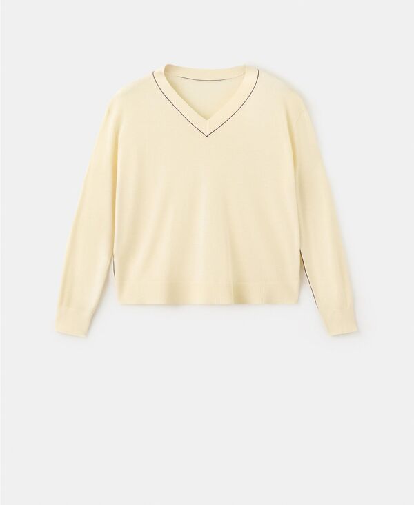 マンゴ レディース アウター ニット・セーター Vネック コントラスト MANGO Womens Contrast Piping VNeck Sweater Pastel Yellow イエロー