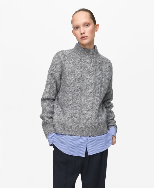 マンゴ レディース アウター ニット・セーター MANGO Womens Perkins Neck Braided Sweater Medium Heather Gray グレー