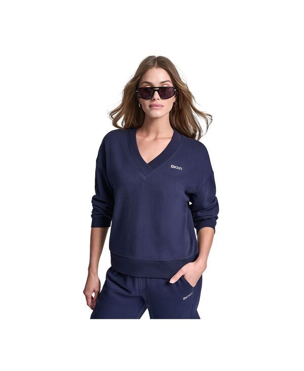ダナ キャラン ニューヨーク レディース アウター パーカー・スウェット Vネック トール シャツ ロゴ DKNY Sport Womens Metallic Bubble Logo VNeck Sw