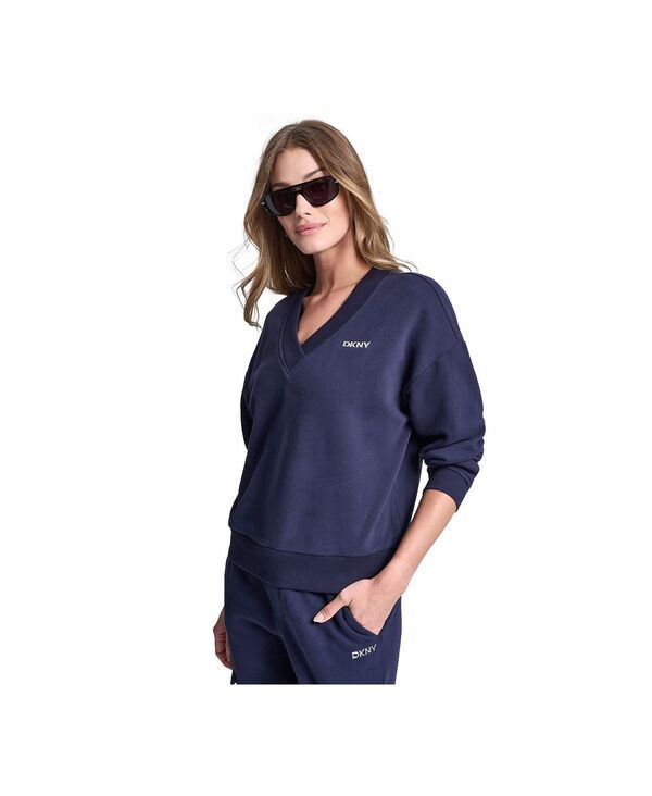 ダナ キャラン ニューヨーク レディース アウター パーカー・スウェット Vネック トール シャツ ロゴ DKNY Sport Womens Metallic Bubble Logo VNeck Sw ダナ キャラン ニューヨーク レディース アウター パーカー・スウェット Vネック トール シャツ ロゴ DKNY Sport Womens Metallic Bubble Logo VNeck Sw