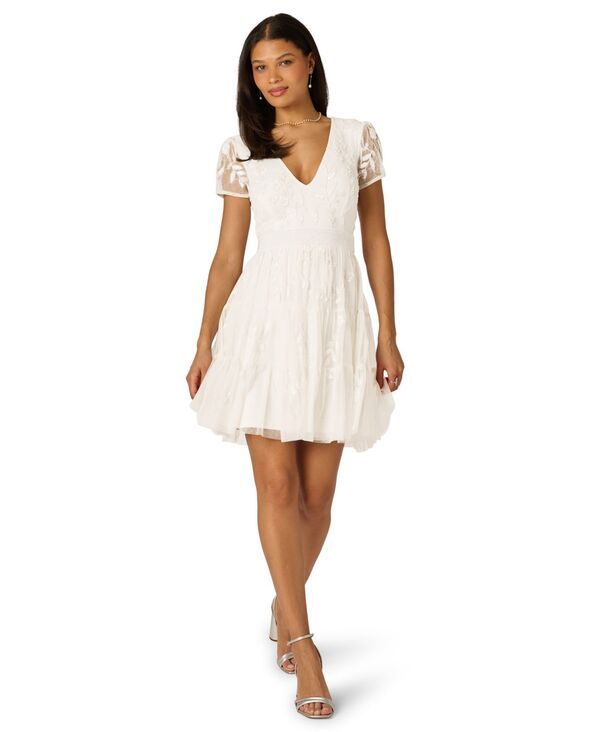 アドリアナ パペル レディース トップス ワンピース Vネック メッシュ Adrianna Papell Womens VNeck Beaded Mesh Dress IVORY アイボリー