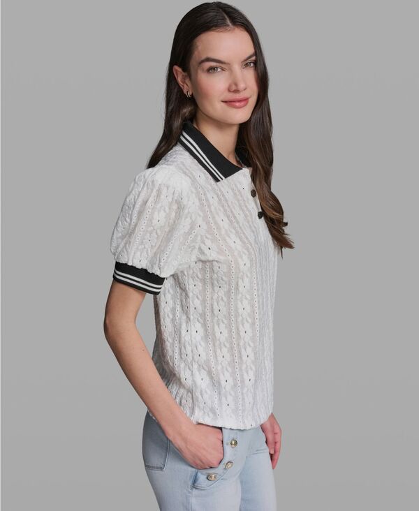 カール ラガーフェルド レディース アウター ニット・セーター 半袖 KARLAGERFELD PARIS Womens Collared ShortSleeve Top Soft White ホワイ