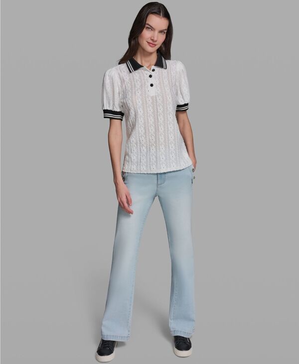カール ラガーフェルド レディース アウター ニット・セーター 半袖 KARLAGERFELD PARIS Womens Collared ShortSleeve Top Soft White ホワイ