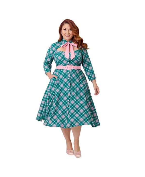 ユニークビンテージ レディース トップス ワンピース プラスサイズ Unique Vintage Plusize Sweetheart Neck Swing Dress Blue plaid ブルー